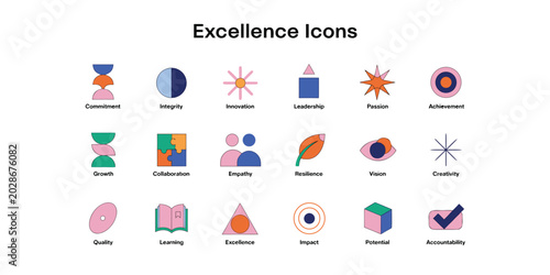 Set of abstract corporate excellence icons representing core business values and professional growth