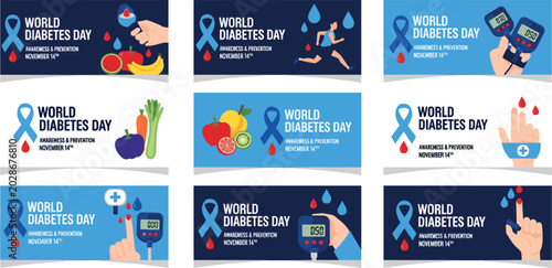 Foto World Diabetes Day vector social media post templates set with blue awareness ribbons blood glucose meters glucometers healthy diet and finger prick test