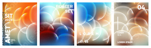 Картината върху платно Set of four abstract posters with glowing orbs and bokeh effects in orange blue