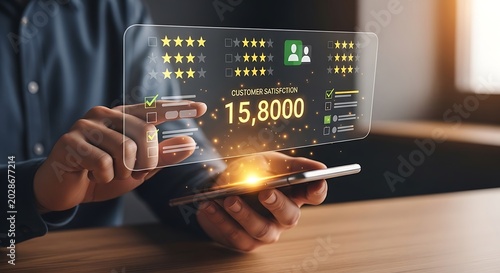 Customer satisfaction rating with five gold stars and high score on digital screen