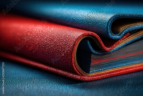 Stacked leather bound books in red and blue close up