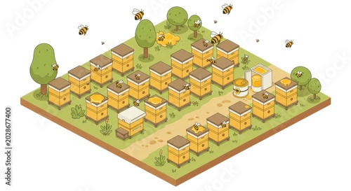 An aerial view of a thriving apiary village with hives and bees on green land surrounded by trees.