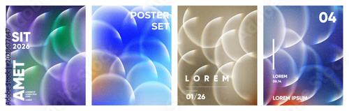 Four abstract posters displaying translucent glowing circles in a palette of purple blue yellow hues with abstract translucent creative template background abstracts