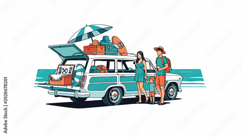 Obraz premium Vintage car with couple on road trip with luggage