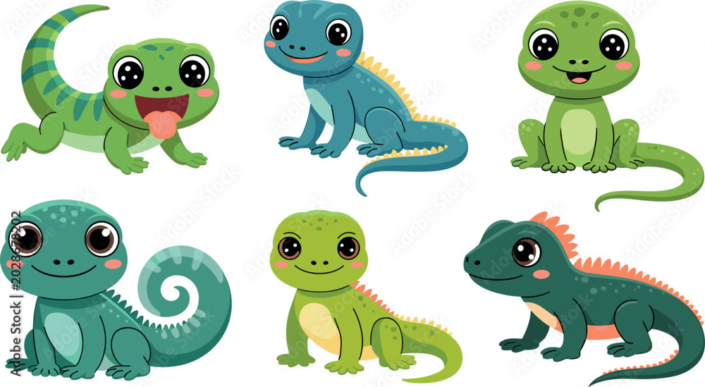 Naklejka premium Cute cartoon baby iguanas and lizards characters collection vector flat reptile wildlife illustration set