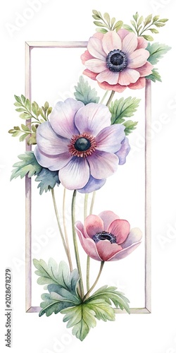 Watercolor poppies bouquet in frame - A delicate watercolor illustration of poppy flowers arranged in a simple frame, soft pastel colors.
