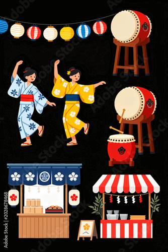 Japanese summer festival vector illustration set with people dancing bon odori in yukata, taiko drums, food stall and paper lanterns.