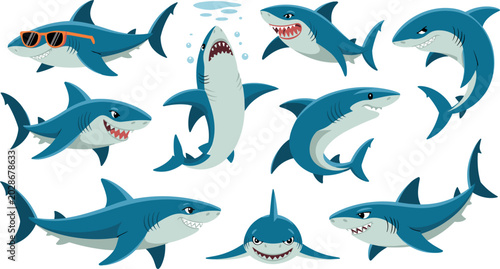 Fotografi Cute cartoon blue sharks characters collection with different poses vector flat