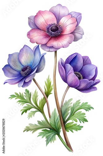 Beautiful purple and pink anemone flowers illustration - A detailed watercolor-style illustration of vibrant purple and pink anemone flowers with green leaves and stems.