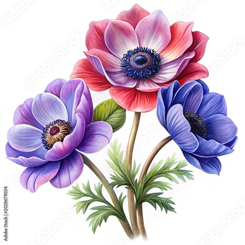 Beautiful anemone flowers in bouquet arrangement - Vibrant watercolor-style anemone flowers in purple, pink, and blue tones arranged in a natural bouquet with green stems and leaves.