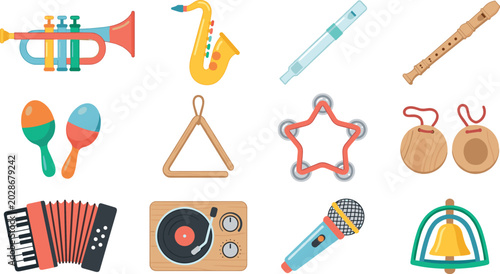 Canvas Print Musical Instrument Collection with Trumpet, Saxophone, Accordion, Recorder, Micr