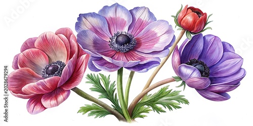 Beautiful poppies and anemones bouquet illustration - Vibrant watercolor-style flowers including poppies, anemones, and a rosebud in a natural arrangement.