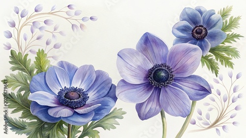 Beautiful purple blue anemone flowers in nature - Soft focus image of delicate purple blue anemone flowers with green stems and leaves in a natural setting.