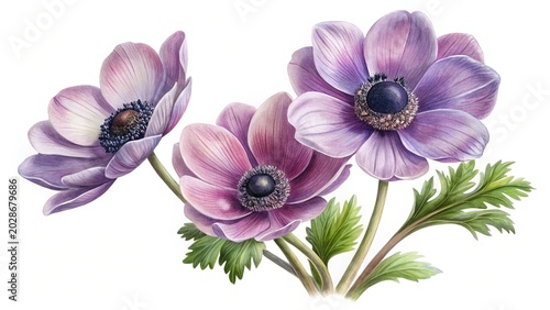 Watercolor poppy flowers illustration - Soft watercolor poppy flowers in pastel shades with delicate green leaves and stems.