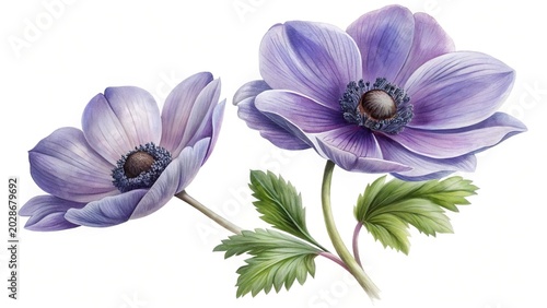 Beautiful purple poppy flowers with green leaves - Two delicate purple poppy flowers with green leaves, one blooming and one budding, in a soft artistic style.