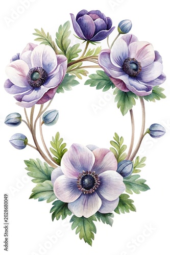Beautiful purple and white flowers arrangement - Elegant botanical illustration of delicate purple and white flowers with green leaves in a soft natural style.
