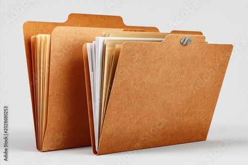 Two manila folders filled with documents on white background