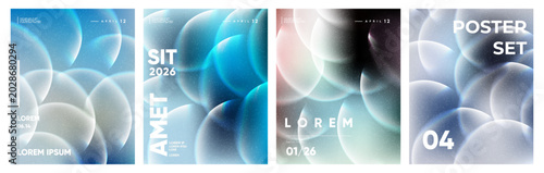 Abstract poster set with blurry blue and teal bubbles and gradients modern graphic design abstract gradient background decoration holographic illumination