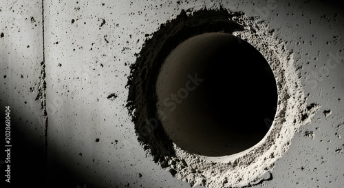 circular hole in concrete wall rough texture and dark interior