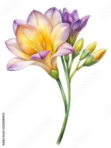Beautiful blooming flower with green leaves - A delicate flower with soft yellow and purple petals, fresh and vibrant in appearance.