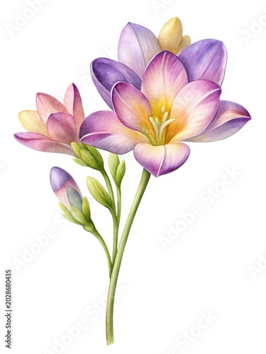 Beautiful purple and pink flower bouquet - Watercolor style flowers with soft purple, pink, and yellow petals growing from a green stem.