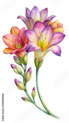 Beautiful purple and pink flower bouquet - A detailed illustration of a vibrant purple and pink flower with delicate petals and green stems.