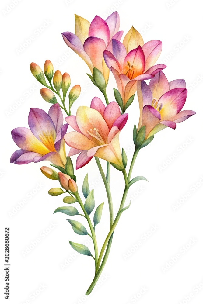 Fototapeta premium Watercolor flowers bouquet with green leaves - Soft watercolor illustration of pastel flowers and delicate green foliage in a natural style.