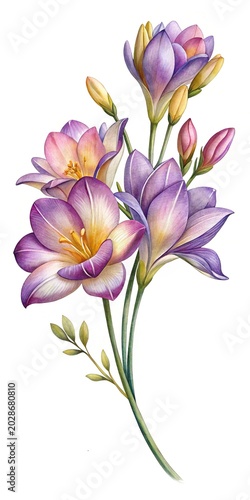 Beautiful purple and pink lilies bouquet - Vibrant watercolor-style lilies in soft purple and pink shades, arranged in a delicate bouquet with green leaves.