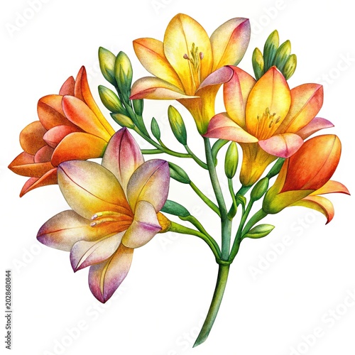 Beautiful watercolor flowers on green stems - Delicate watercolor flowers in warm tones with green leaves and stems, soft artistic style.