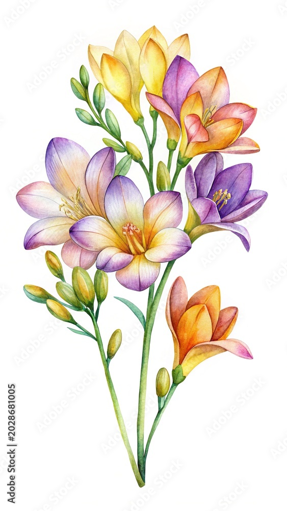 Obraz premium Watercolor bouquet of colorful flowers - A delicate watercolor illustration of a vibrant flower bouquet with soft pastel and warm tones.