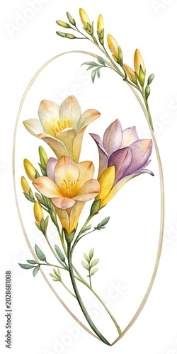 Beautiful watercolor flowers in an oval frame - Soft watercolor illustration of delicate blooming flowers inside an elegant oval frame.
