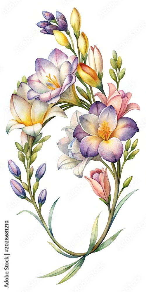 Obraz premium Watercolor flowers bouquet with green leaves - Beautiful watercolor floral arrangement featuring delicate blooms in soft pastel shades with lush green foliage.