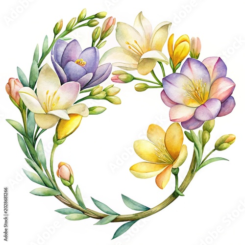 Watercolor floral wreath with pastel flowers - Beautiful watercolor floral wreath featuring soft pastel flowers and green leaves in a circular arrangement.