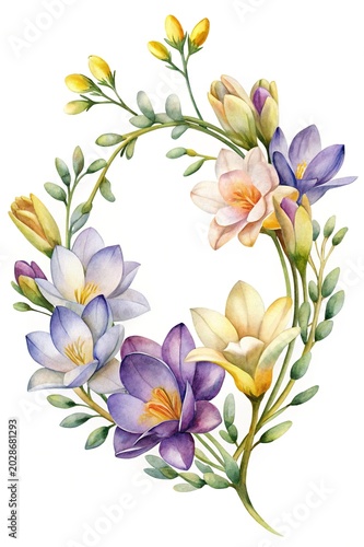 Watercolor flowers bouquet with green leaves - Soft watercolor floral arrangement featuring delicate purple and yellow flowers with lush green leaves and stems.