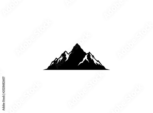 Black mountain range silhouette, snow-capped peak icon, vector landscape symbol, graphic design element