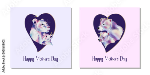 Watercolor Mother’s Day greeting cards with polar bear mother and cub