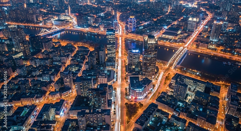 Obraz premium Illuminated Modern City Skyline Glowing at Night From Aerial View