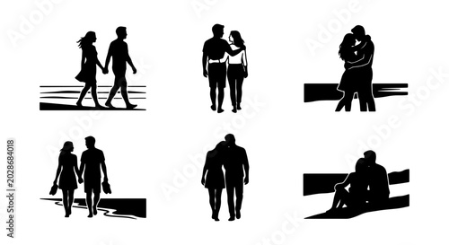 Tableau sur toile Couple Silhouettes Vector Pack: Romantic Pair Poses, Love, Togetherness, Black &