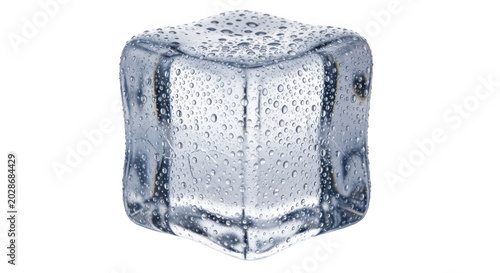 Clear ice cube with water droplets isolated on transparent background