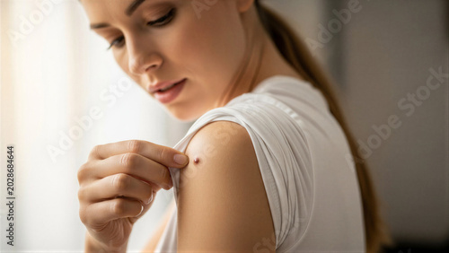 Woman Examining Mole Skin Concern Healthcare