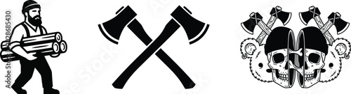 фотографія Woodsman carrying logs and menacing skulls with axes for a rugged design