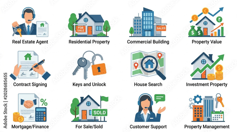 Naklejka premium Real Estate Icons Representing Various Property Services.