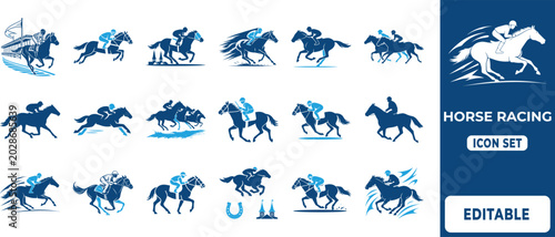 Foto Dynamic Horse Racing Icon Set with Jockey Silhouettes and Speed Elements