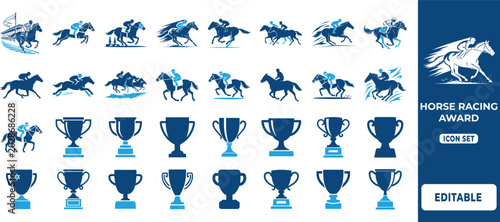 Bild auf Leinwand Horse Racing Trophy Icon Collection in Flat Blue Silhouette Style