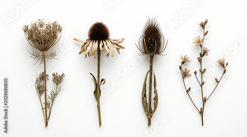 Four dried botanical specimens featuring echinacea and teasel seed heads against a white surface echinacea botanical wildflower collection herbarium background minimalist specimens seasonal