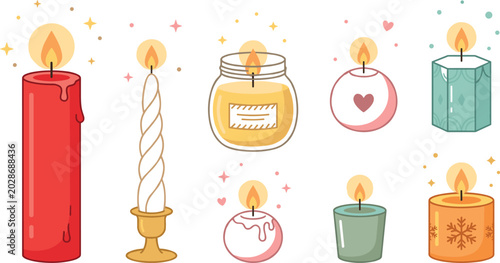 Cuadro en lienzo Colorful Candle Vector Collection Featuring Pillar, Taper, Jar, Geometric, and D