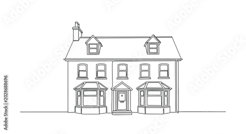 Tableau sur toile Simple line drawing of a traditional two story house with dormer and bay real es