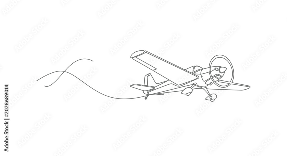 Obraz premium Continuous one line drawing of a small propeller airplane flying with a wavy trail behind