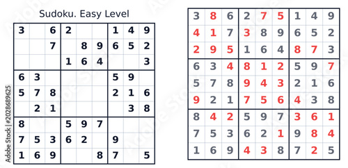 Quadro su tela Sudoku puzzle easy level with filled and empty cells for solving