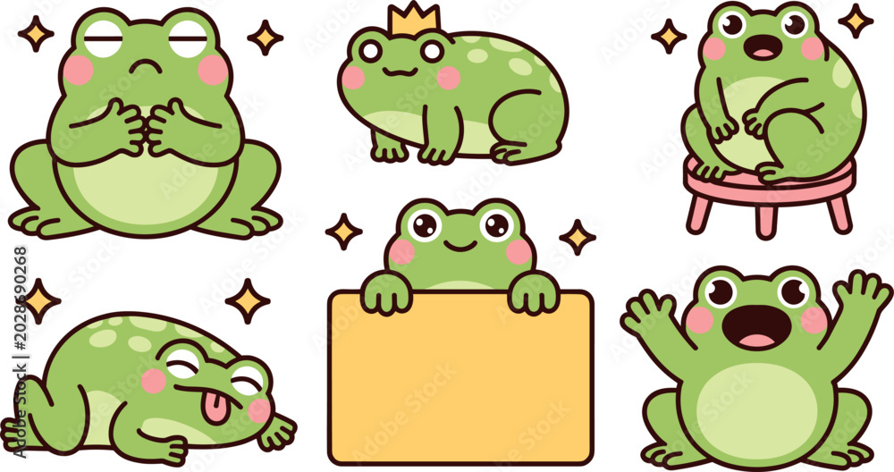 Fototapeta premium Cute kawaii green frogs stickers collection with blank sign vector cartoon flat illustration icons set